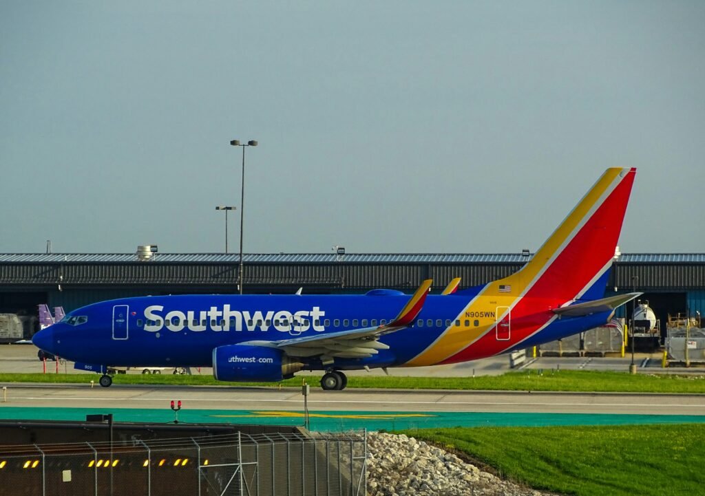 blue and yellow airliner